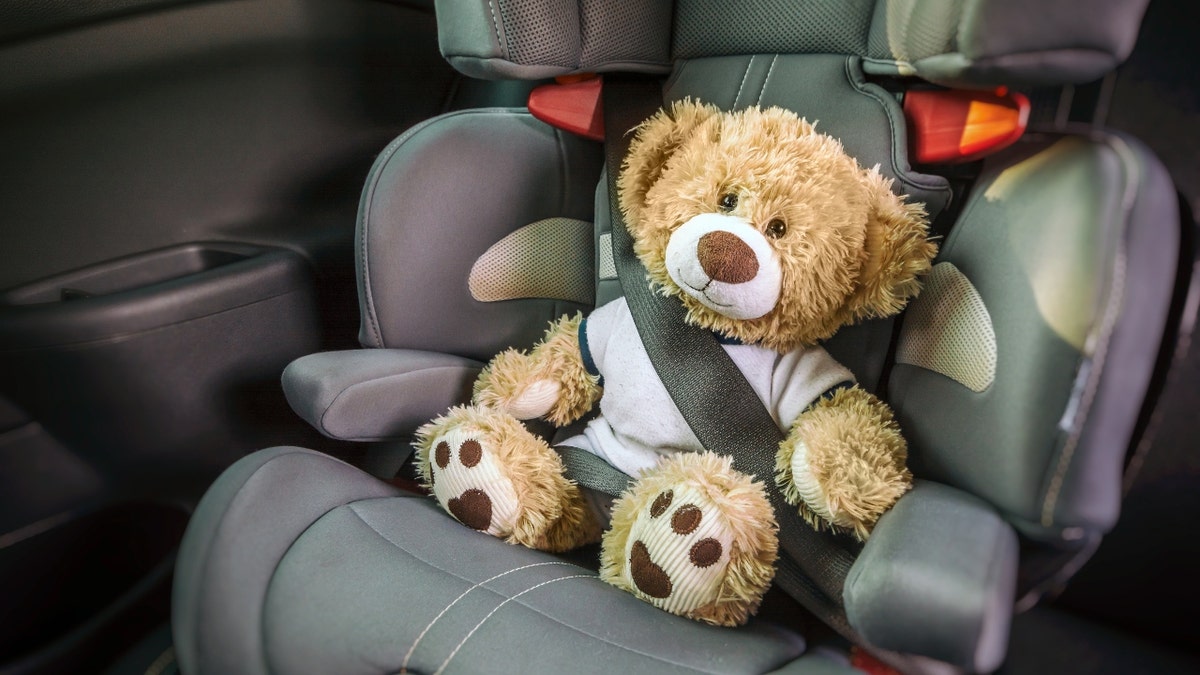 A teddy bear strapped into a carseat