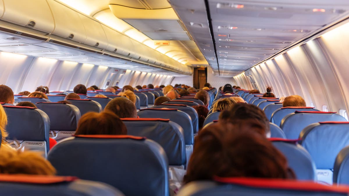 Interior of a crowded airplane with blue seats showing passengers sat, pictured from behind