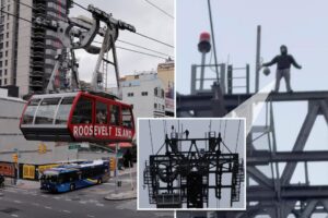 Mysterious hooded figure scales 250-foot-high Roosevelt Island Tram tower in nail-biting clip