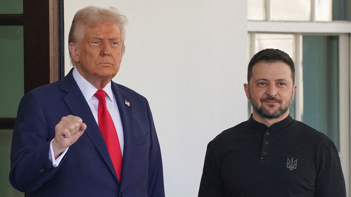 Trump in red tie with Zelenskyy in black 