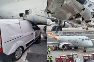 Minivan crashes into parked plane at Boston airport, pinning itself under jet