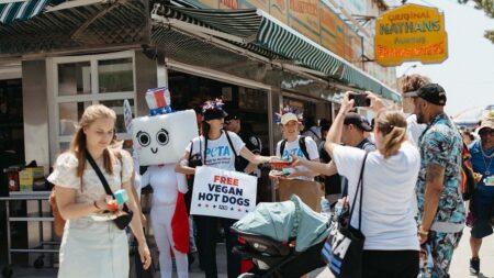 PETA distributes vegan wieners outside Nathan’s Hot Dog Eating Contest