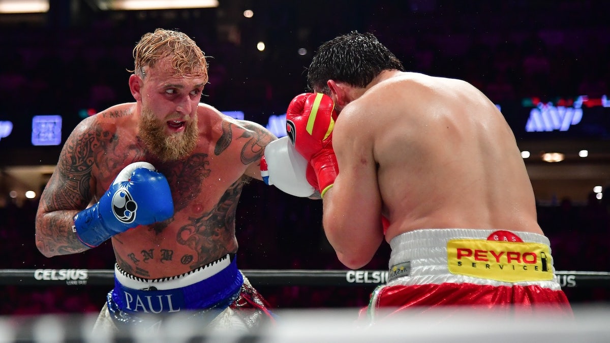 Jake Paul moves in for a hit against Julio Cesar Chávez Jr. at Honda Center. 