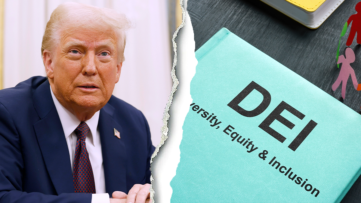 Trump, left; DEI on document, right