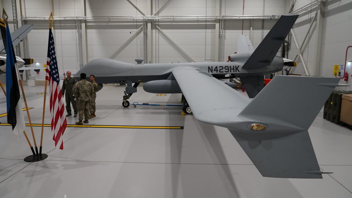 A U.S. Air Force MQ-9 Reaper drone sits in a hanger at Amari Air Base, Estonia, July 1, 2020.