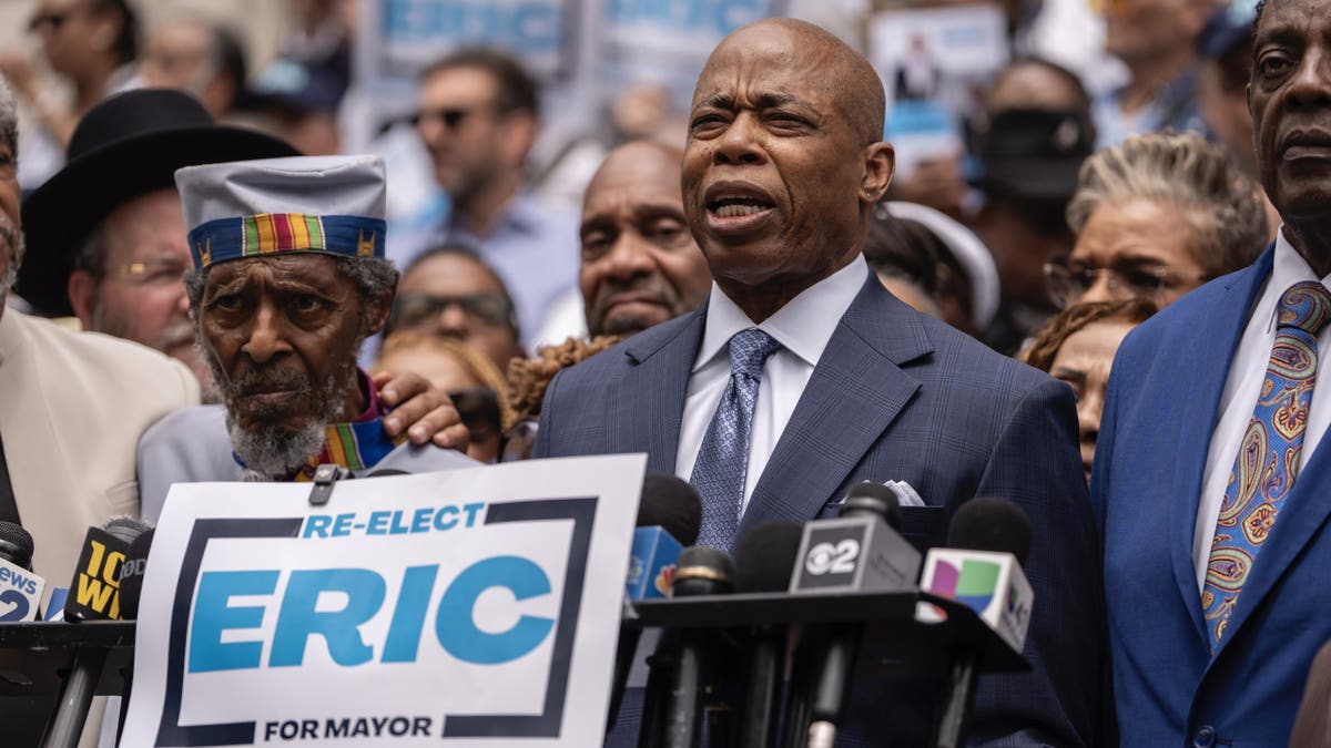 Mayor Eric Adams speaks during a campaign launch rally at City Hall on Thursday, June 26, 2025, in New York.