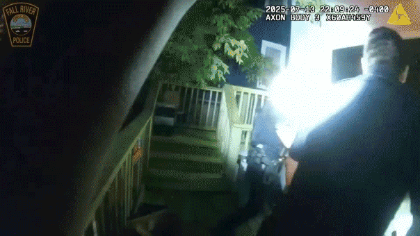 Bodycam footage shows Fall River police officers break down a door to get to residents during a fire at an assisted living facility in Massachusetts, July 13, 2025.