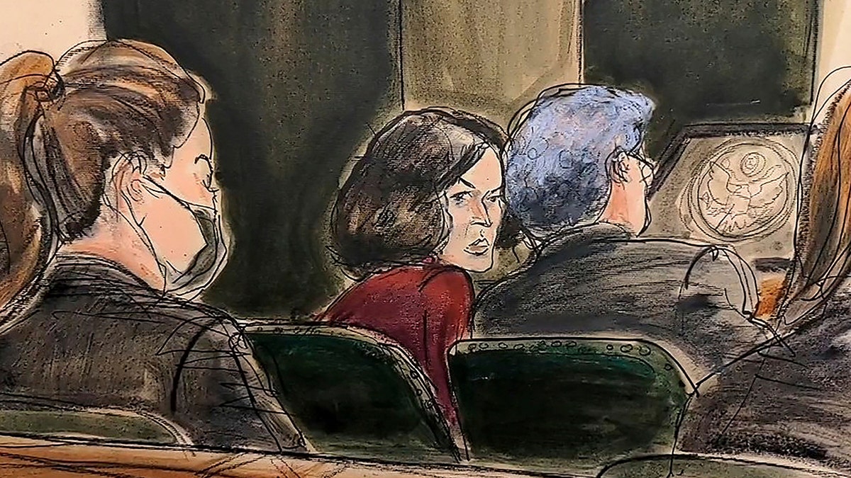 In this courtroom sketch, Ghislaine Maxwell confers with her defense attorney Jeffrey Pagliuca, right, before testimony begins in her sex-abuse trial, in New York, Wednesday, Dec. 8, 2021.