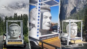 EXCLUSIVE: Mysterious giant Elon Musk head travels America’s national parks, saying ‘Make America Wait Again’