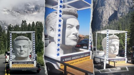 EXCLUSIVE: Mysterious giant Elon Musk head travels America’s national parks, saying ‘Make America Wait Again’