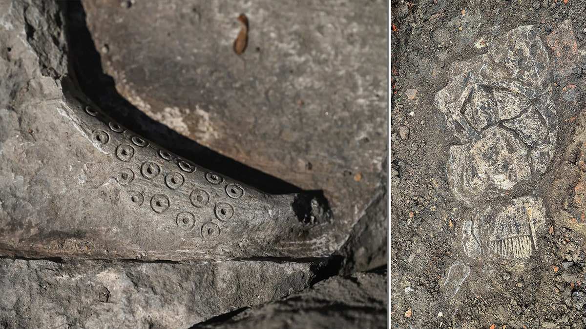 Split image of chainmail details on grave, reconstructive tombstone