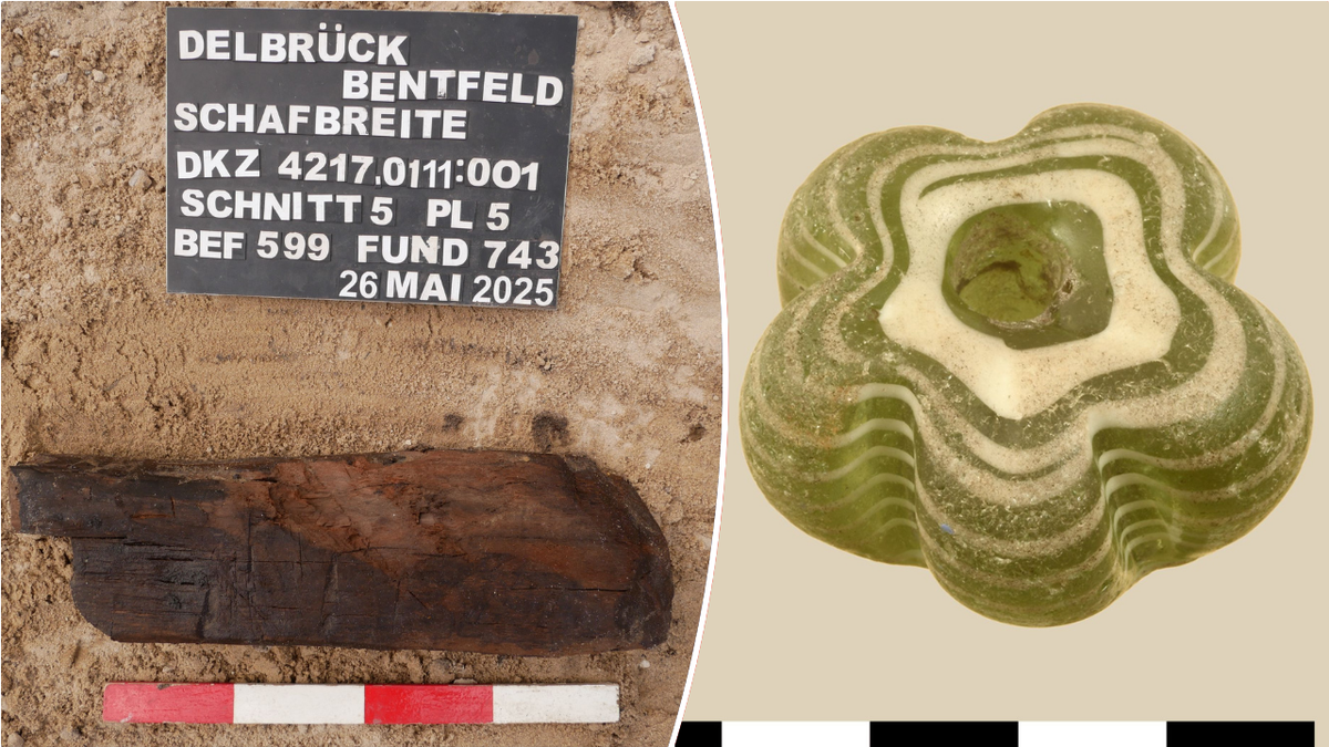 Split image of carved beam, bead