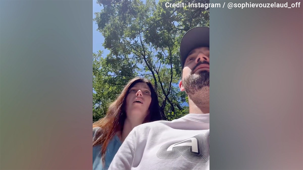 French model Sophie Vouzelaud was seen in her husband's Instagram video talking to a man who believed they had been in an online relationship.