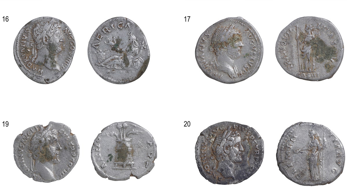 Array of ancient Roman coins