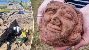‘Very unusual’ ancient head with eerie smile unearthed by archaeology student at Scottish farm