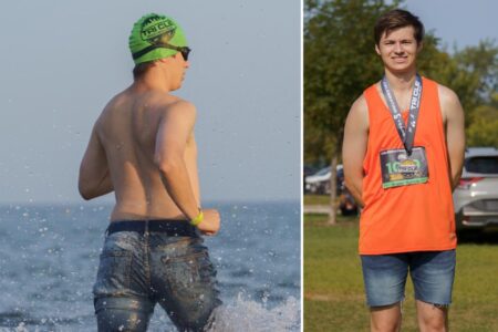Ohio man competes in triathlon wearing jorts after losing bet — and still trounces the competition