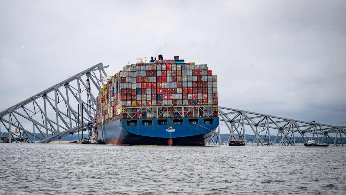 The container ship Dali is seen in the wreckage of Francis Scott Key Bridge