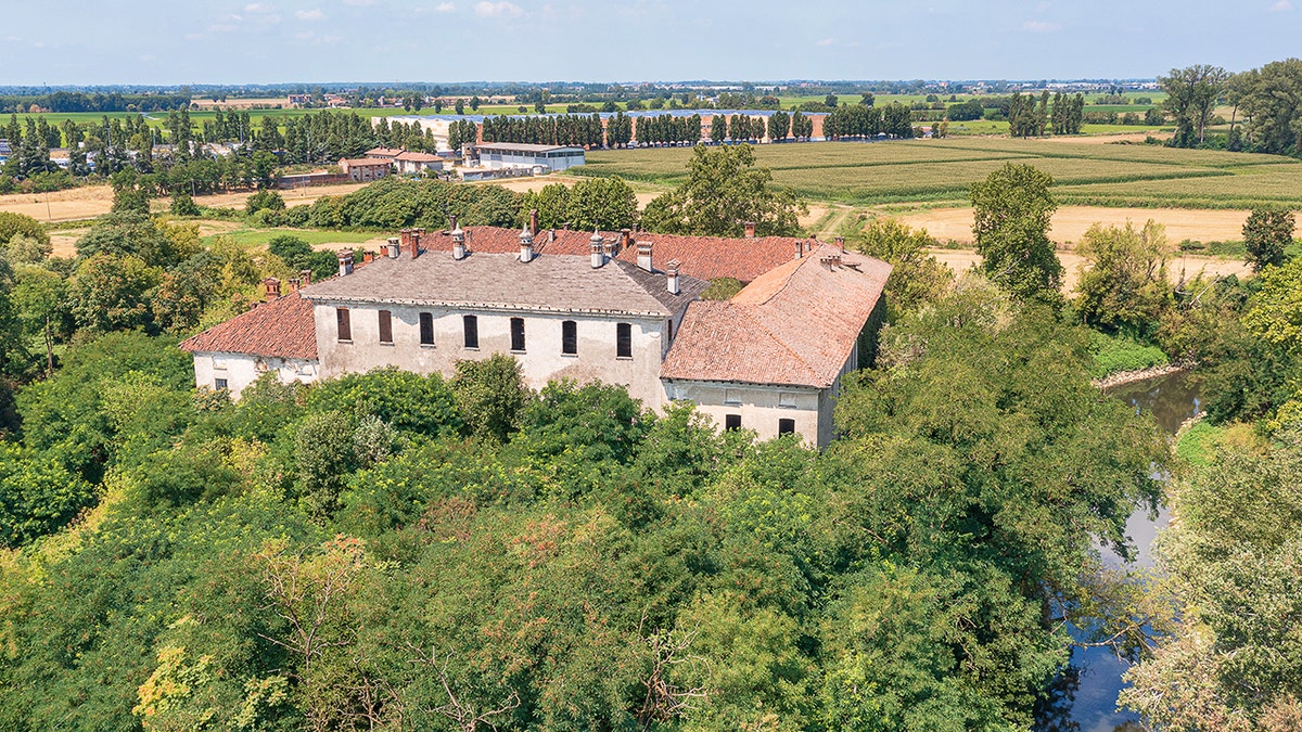 Aerial shot of Landriano castle, medieval moat