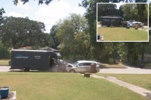 Shocking moment sleeping driver slams head-on into Amazon van with delivery worker inside