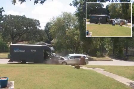 Shocking moment sleeping driver slams head-on into Amazon van with delivery worker inside