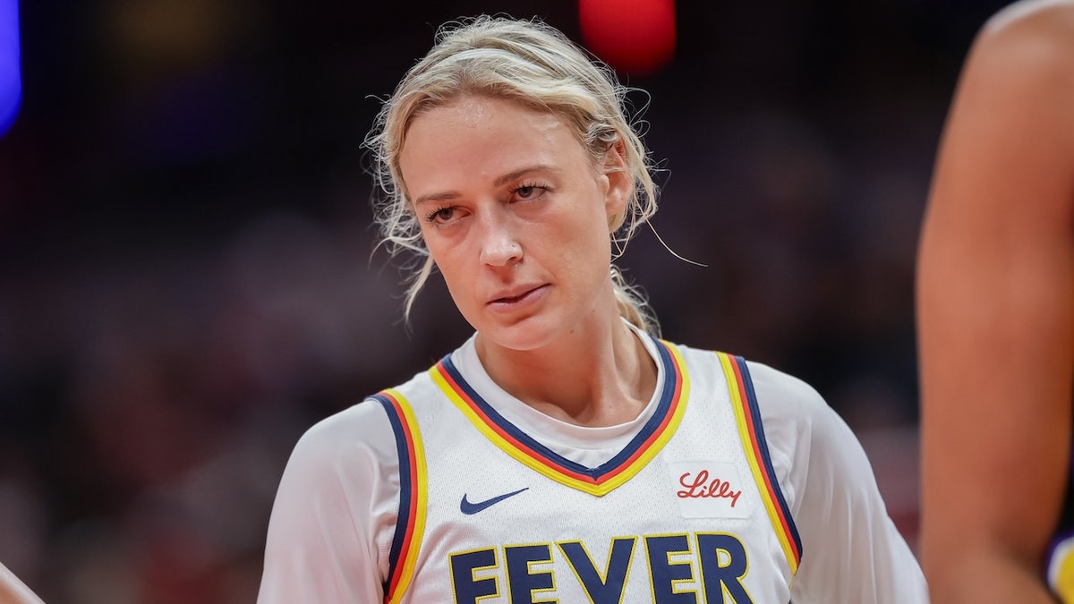 Sophie Cunningham of the Indiana Fever looks on during the game against the Los Angeles Sparks at Gainbridge Fieldhouse on June 26, 2025 in Indianapolis, Indiana.