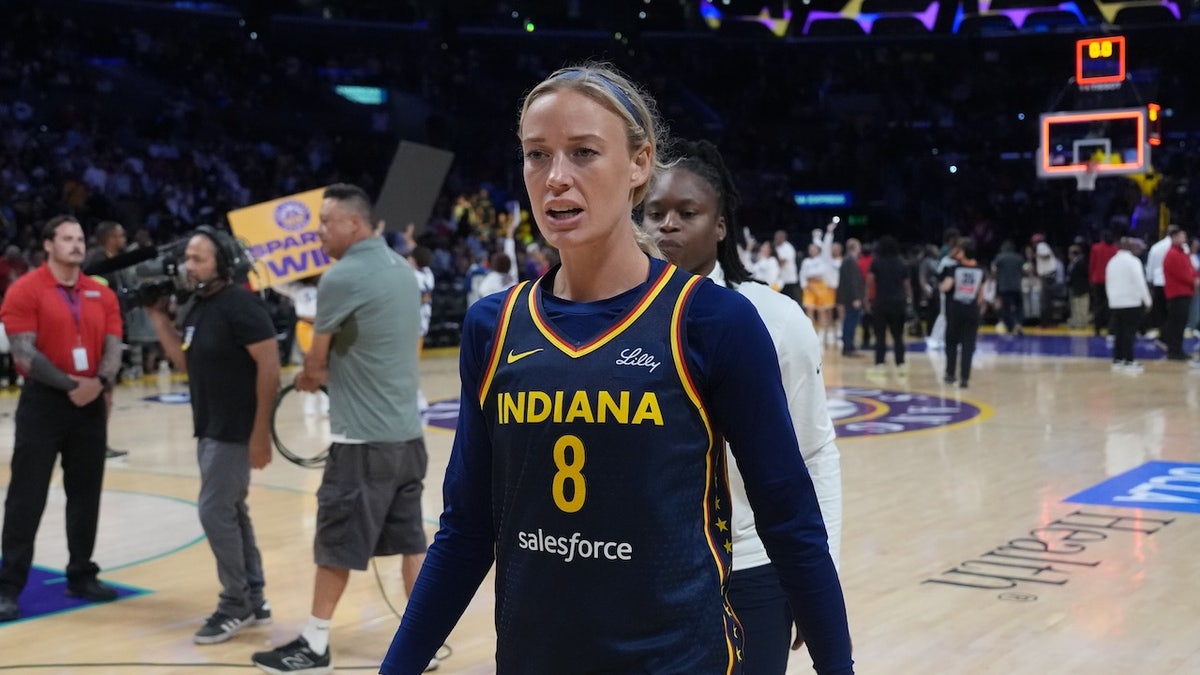 Indiana Fever guard Sophie Cunningham (8) leaves the court after the game against the LA Sparks at the Crypto.com Arena