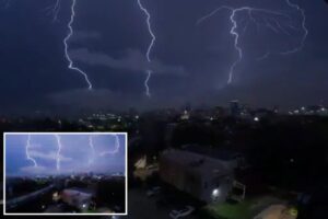 Rare triple lightning strike illuminates Chicago skies as thunderstorms trigger flash flooding