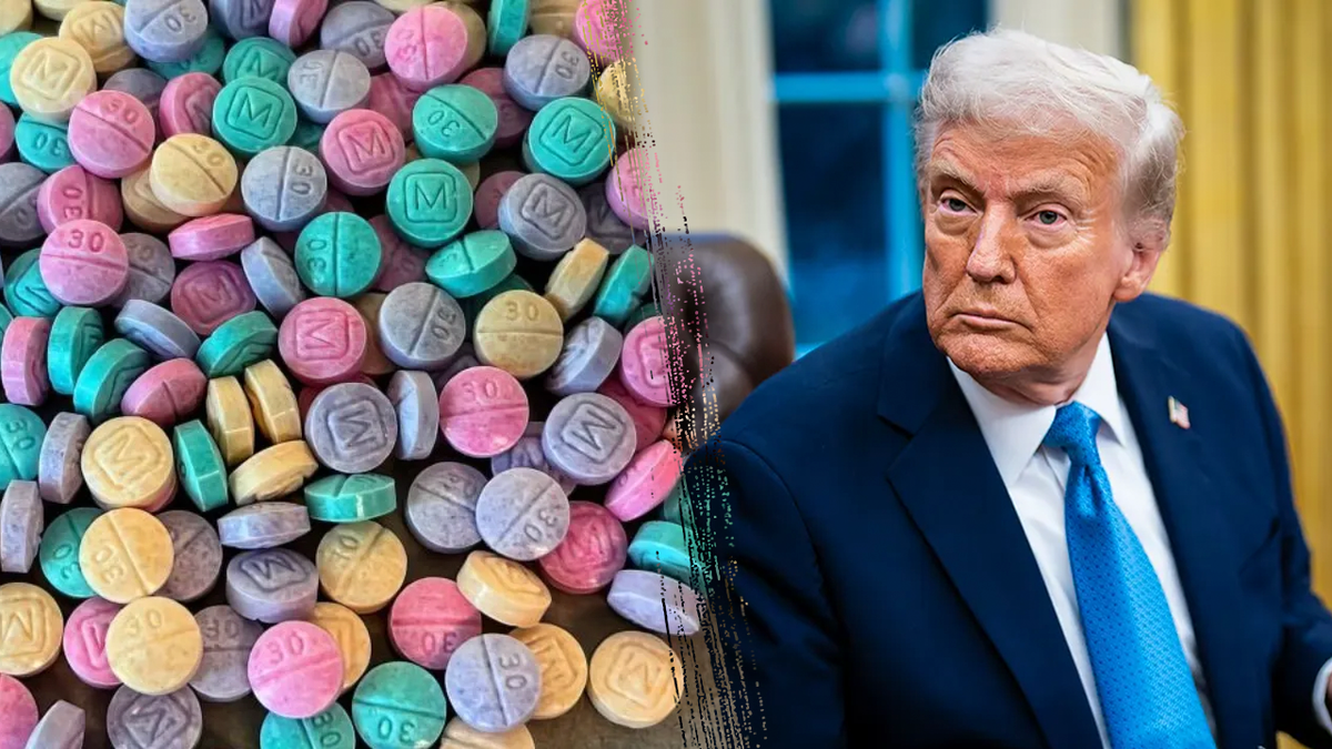 A spilt image of President Trump and fentanyl pills