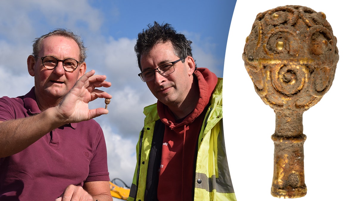 Split image of men holding artifact, close-up of artifact