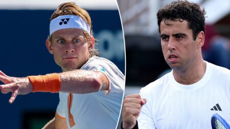 Tennis players confront each other at net over grunting controversy during US Open