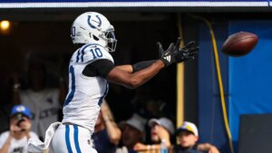 Colts’ Adonai Mitchell suffers bizarre fumble near end zone in loss against Rams