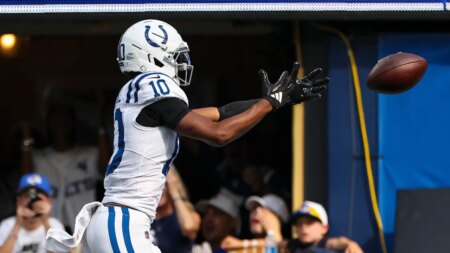 Colts’ Adonai Mitchell suffers bizarre fumble near end zone in loss against Rams
