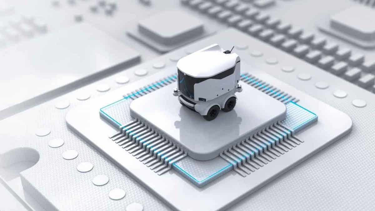 illustration of White cube-like robot on wheels