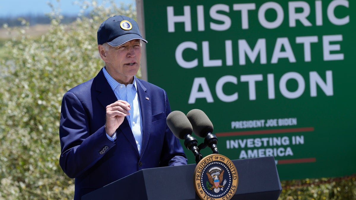 President Joe Biden speaks at the Lucy Evans Baylands Nature Interpretive Center and Preserve in Palo Alto, California, Monday, June 19, 2023. Biden talked about climate change, clean energy jobs and protecting the environment. 