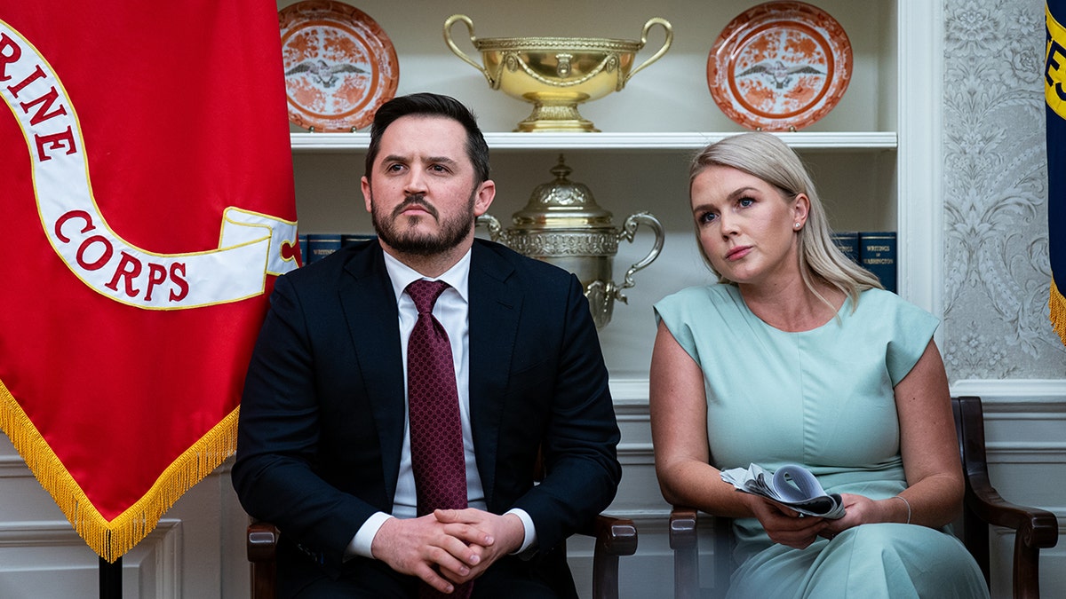 Taylor Budowich and Karoline Leavitt inside Oval Office