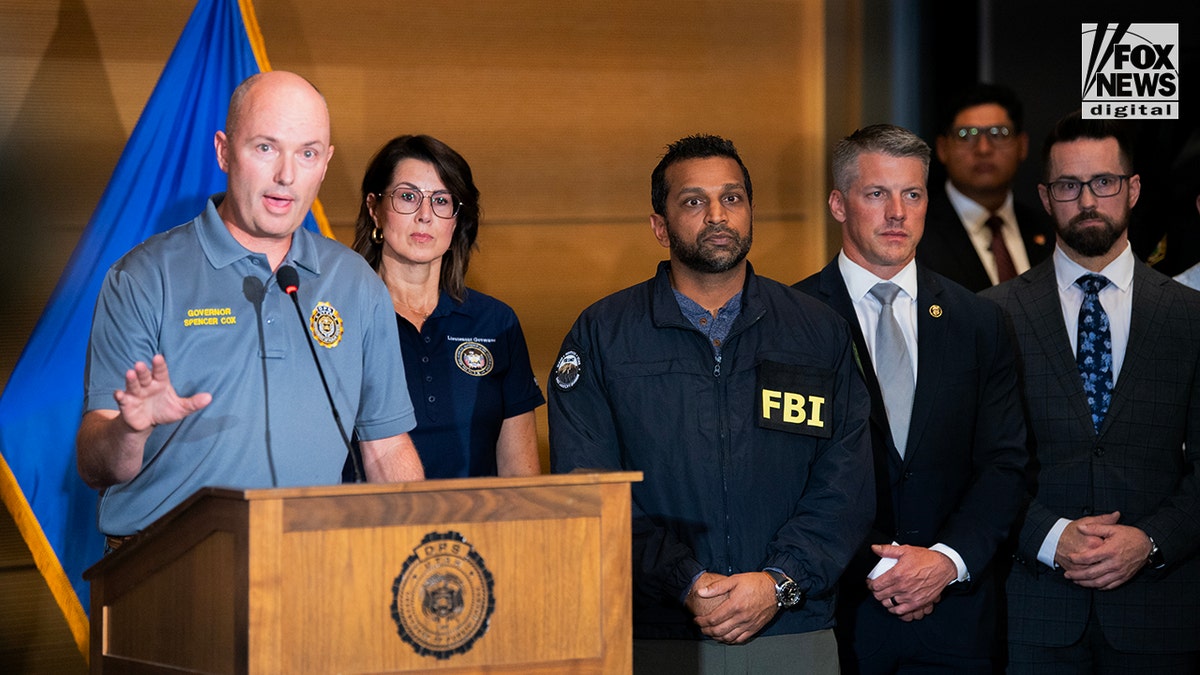 Utah Governor Spencer Cox speaks alongside FBI Director Kash Patel at a press conference following the assassination of Charlie Kirk