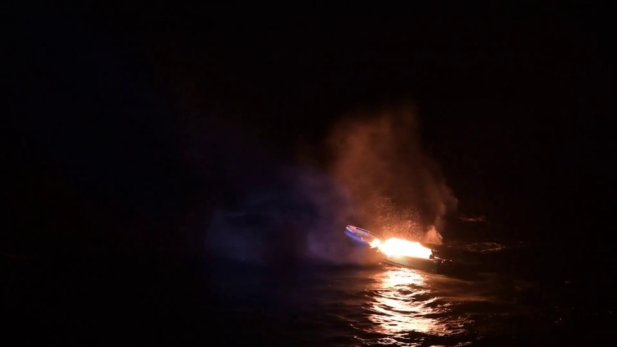 Suspected drug boat catching fire
