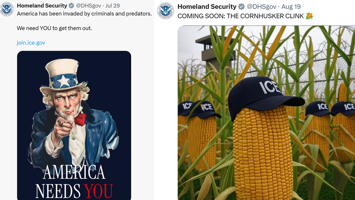 Multiple posts on X from the Department of Homeland Security that show Uncle Sam in a poster to boost ICE recruitments and corn in a field wearing ICE hats as part of the agency's expanded illegal migrants holding sites.