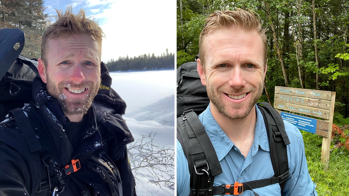 Grant Gardner smiling during a hike in the snow split with a photo of Gardner smiling near a trail sign