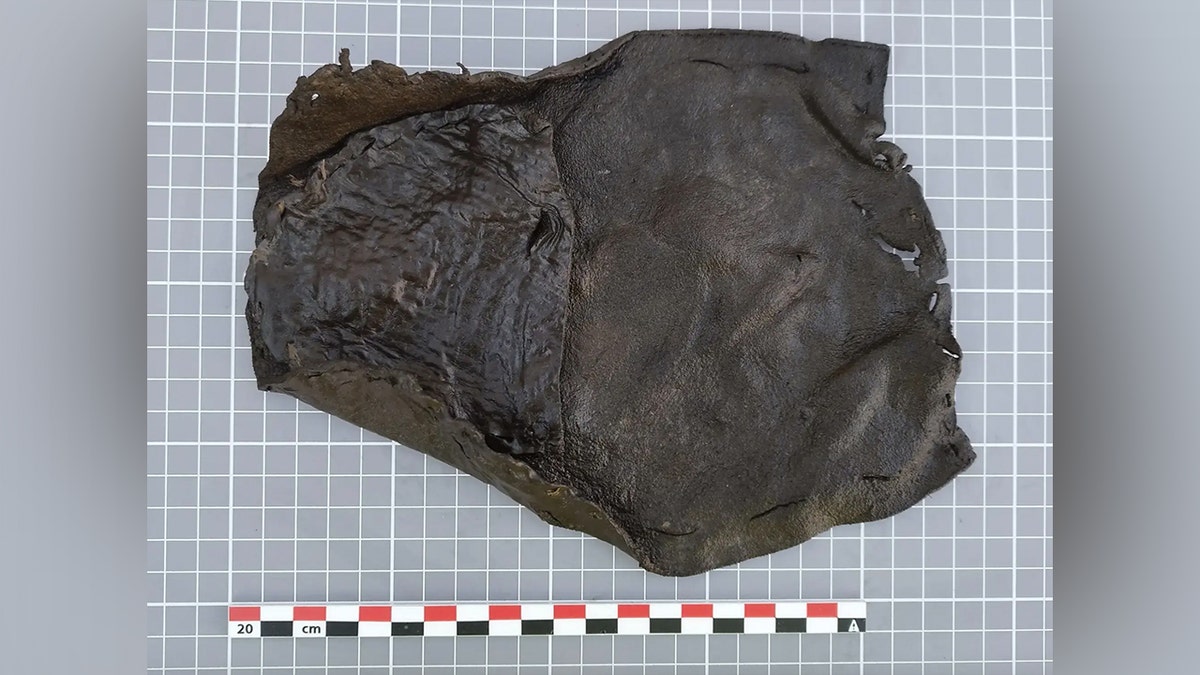 Medieval leather shoe on display