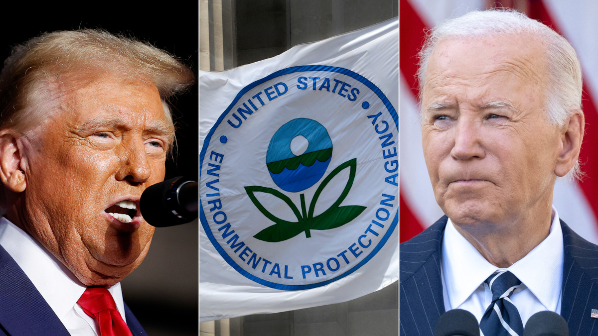 President-elect Donald Trump and President Joe Biden stand between an image of the Environmental Protection Agency's flag flying above its D.C. headquarters.