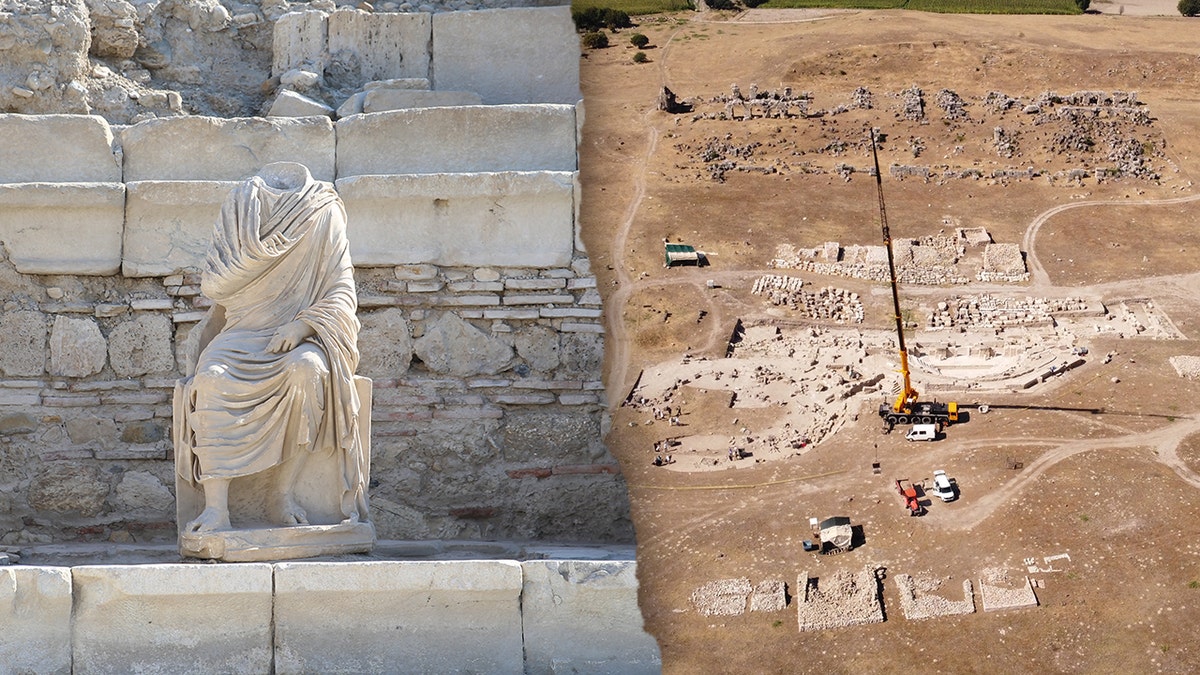 Headless statue next to aerial of site