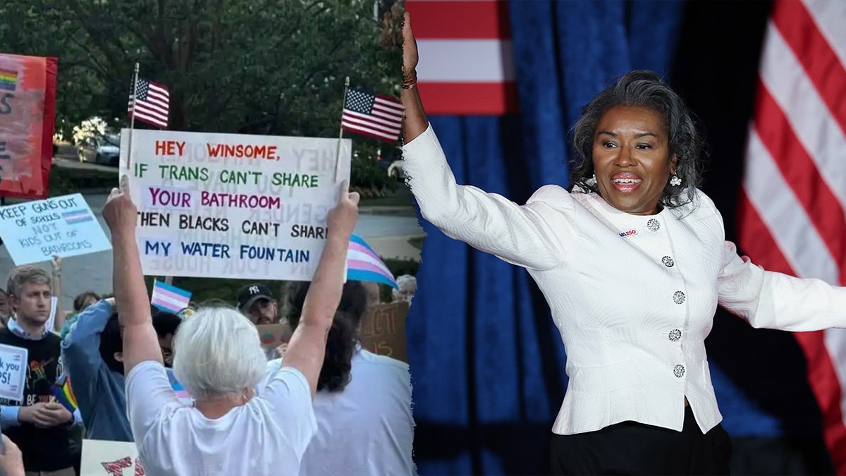 Virginia leaders from both parties have condemned a racist sign aimed at Lt. Gov. Winsome Earle-Sears, which was raised during a protest outside a school board meeting where she was speaking.