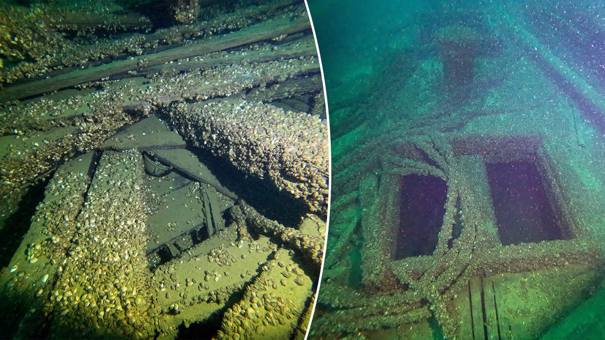 Split image of shipwreck ruins
