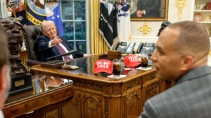 President Trump taunts Democrat leaders with ‘Trump 2028’ hats in Oval Office