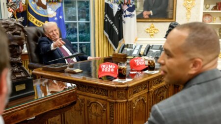 President Trump taunts Democrat leaders with ‘Trump 2028’ hats in Oval Office