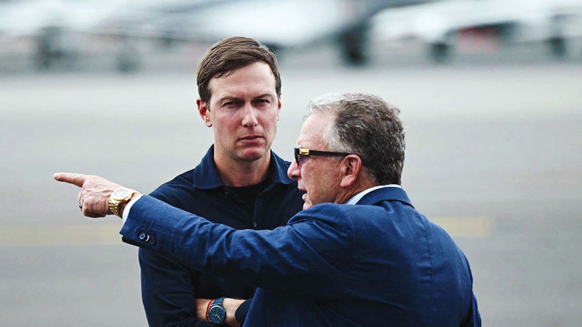 Jared Kushner and Steve Witkoff photographed on an airport tarmac near Air Force One in New Jersey.