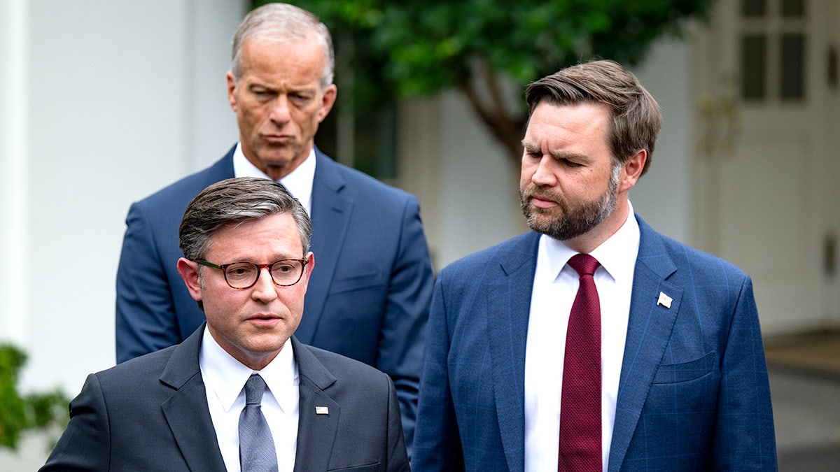 Speaker Mike Johnson, Majority Leader John Thune, and Vice President JD Vance address reporters after White House talks