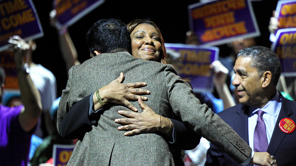 Attorney General Letitia James and Zohran Mamdani hug