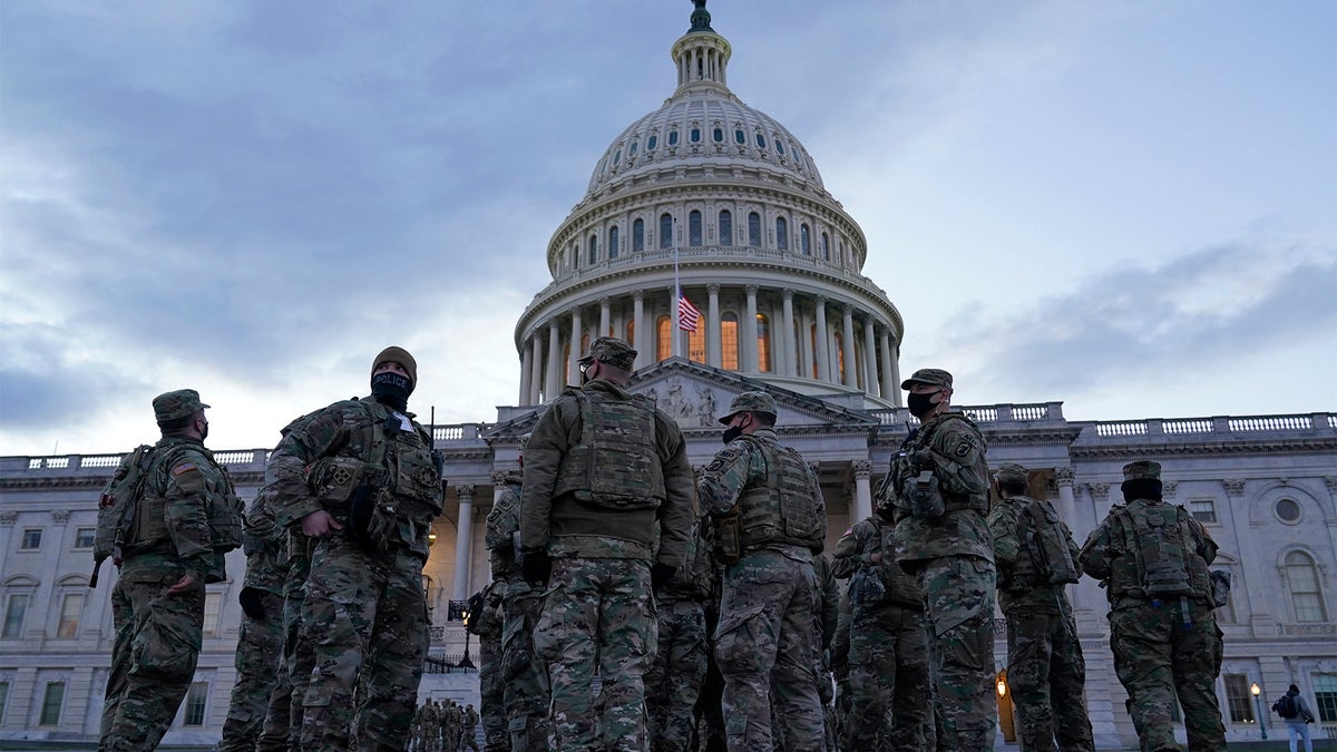 National Guard troops gather on the East front of the U.S. Capitol in Washington Jan. 18, 2021, ahead of the 59th Presidential Inauguration. (AP Photo/Susan Walsh)